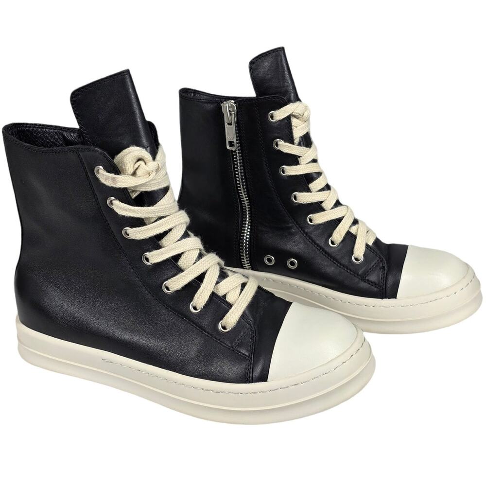 RICK OWENS DRKSHDW RAMONES BLACK LEATHER HIGH‑TOP SNEAKERS – SIZE 42 – SIDE ZIP